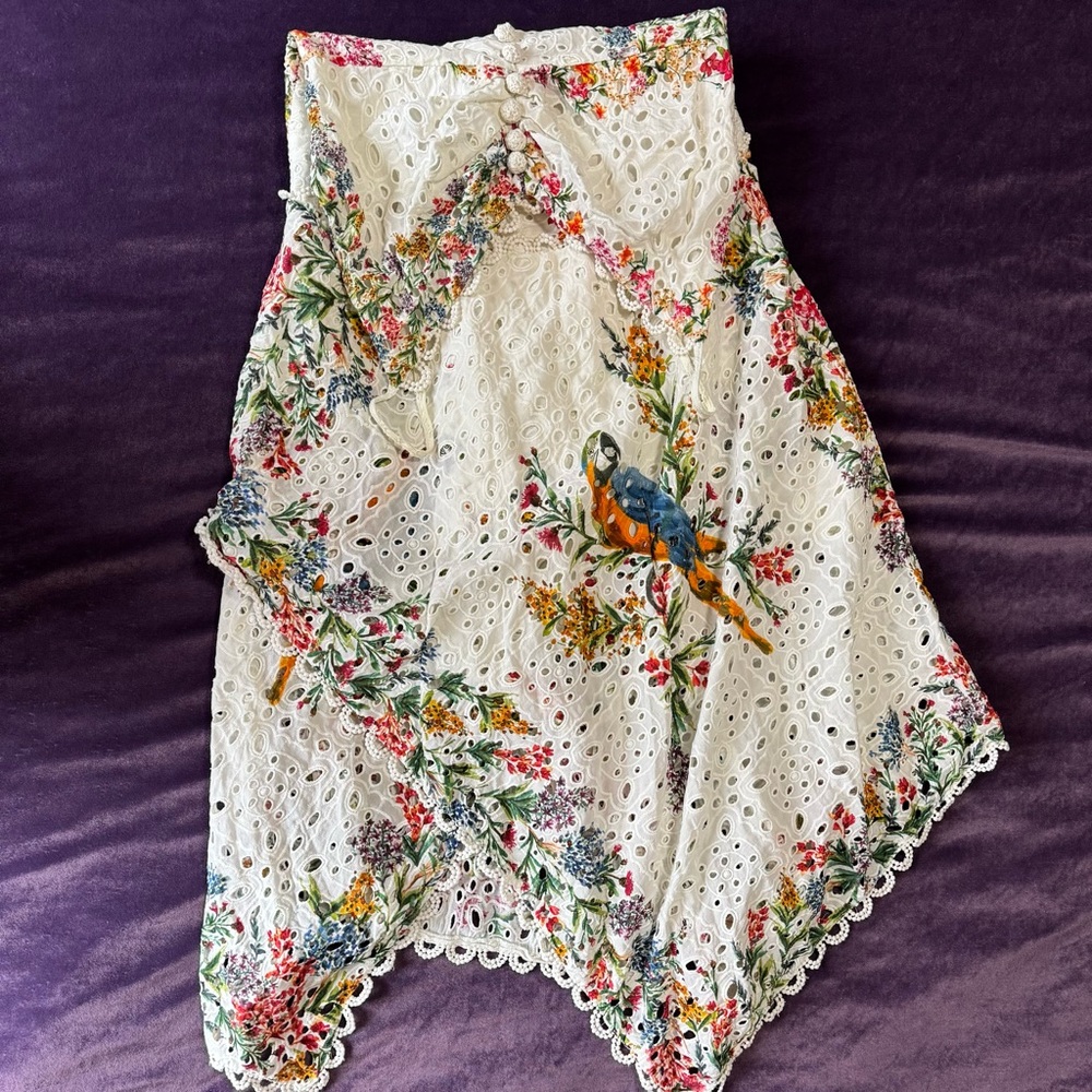 FARM RIO Delicate Forest Scarves Midi Dress XS Eyelet Lace Asymmetric Hi Low - Picture 9 of 14